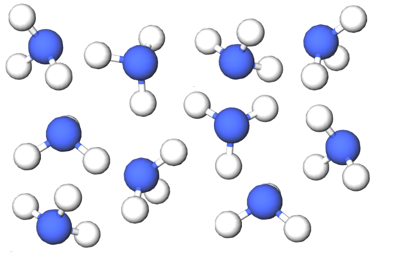 Kemialliset yhdisteet ovat puhtaita aineita. Kuvassa molekyyliyhdiste ammoniakki, NH<sub>3</sub>.