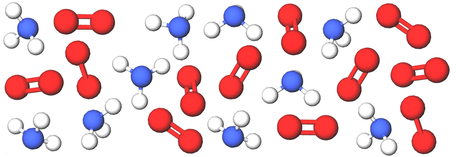 Seos koostuu kahdesta tai useammasta eri aineesta, jotka eivät ole kemiallisesti sitoutuneet toisiinsa. Kuvassa happi- ja ammoniakkimolekyylien kaasuseos.
